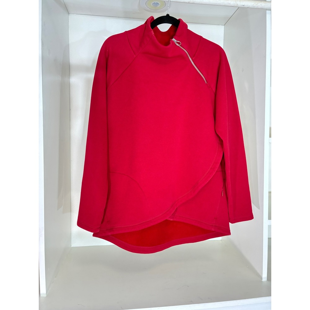 Athleta Pullover Women Medium Red Asymmetrical Zip Tulip Hem Fleece Sweatshirt